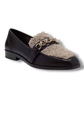 Vince Camuto Women's Breenan Black Leather Taupe Slip Chain Loafer Preppy Shoes
